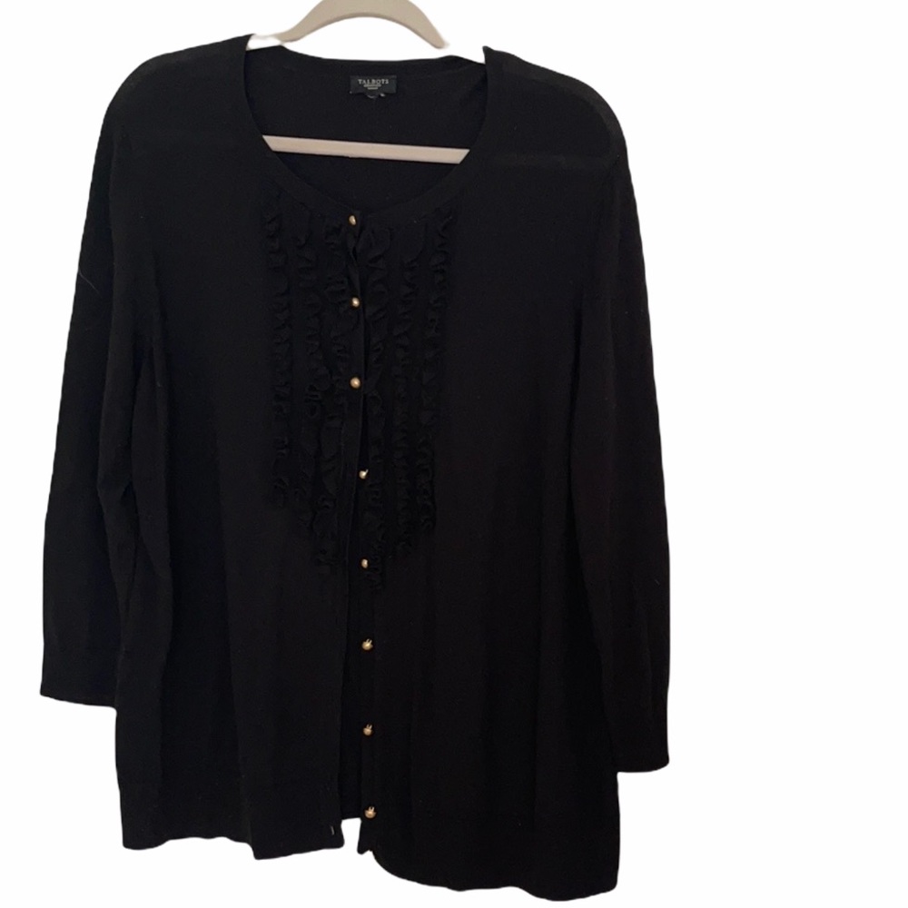 Talbots black ruffle gold button cardigan